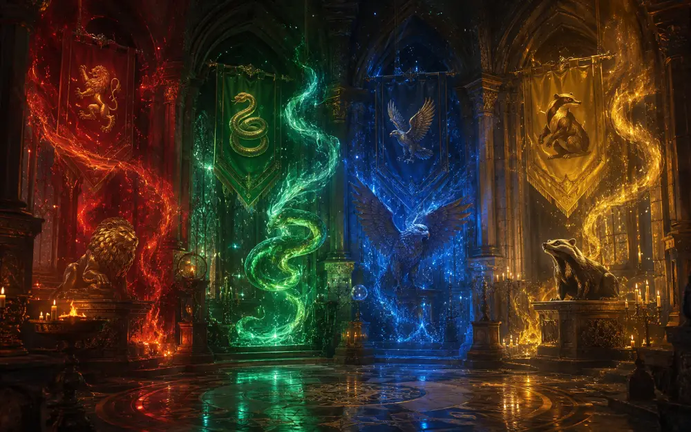The four Hogwarts house energies represented by magical animal symbols and house colors