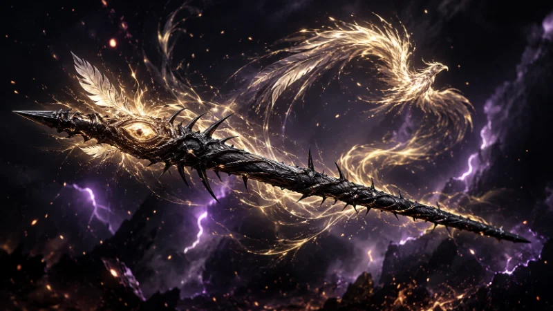 Blackthorn wand with phoenix feather silver-gold sparks