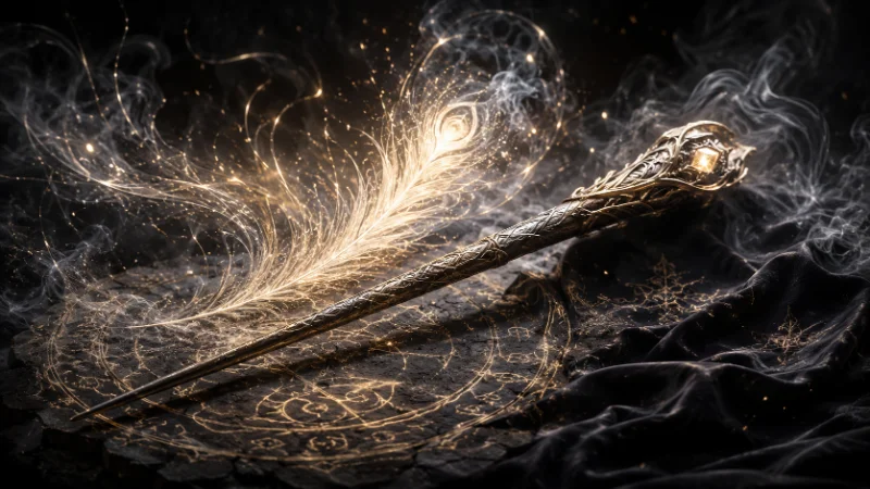 Elder wand with phoenix feather silver-gold legendary light