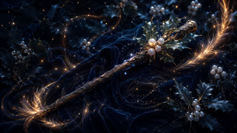 Holly wand with phoenix feather magic in silver-gold light