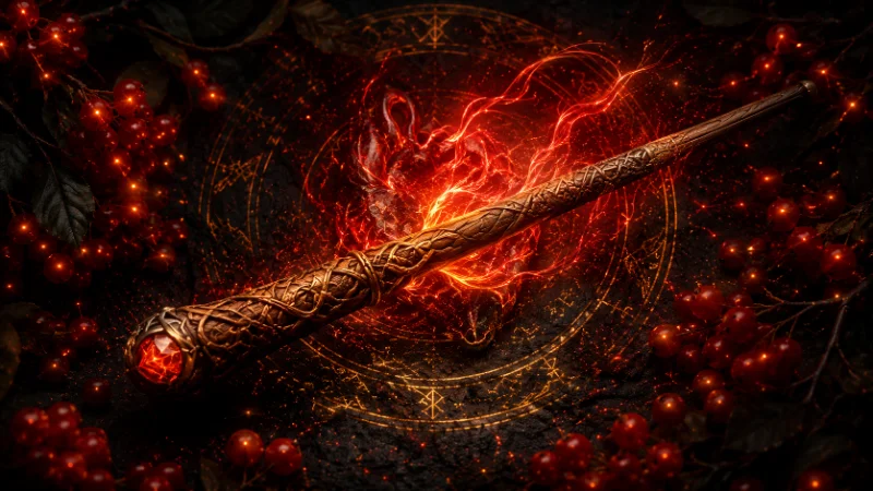 Rowan wand with dragon heartstring red-gold protective magic