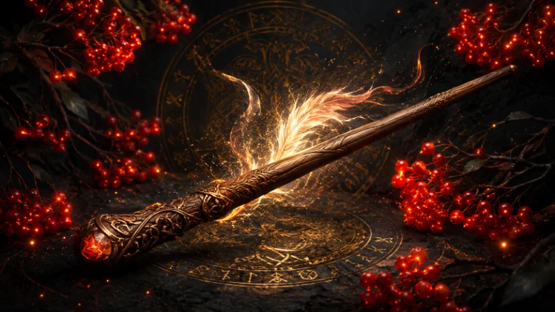 Rowan wand with phoenix feather magic and glowing berries