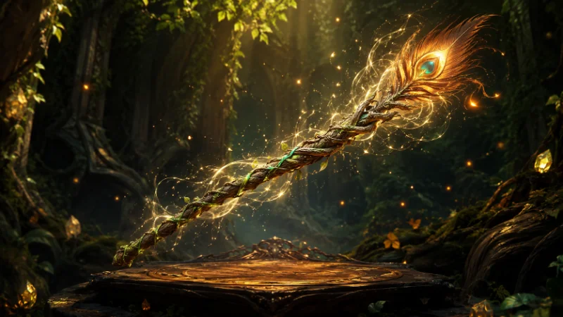 Vine wood wand with phoenix feather silver-gold magic